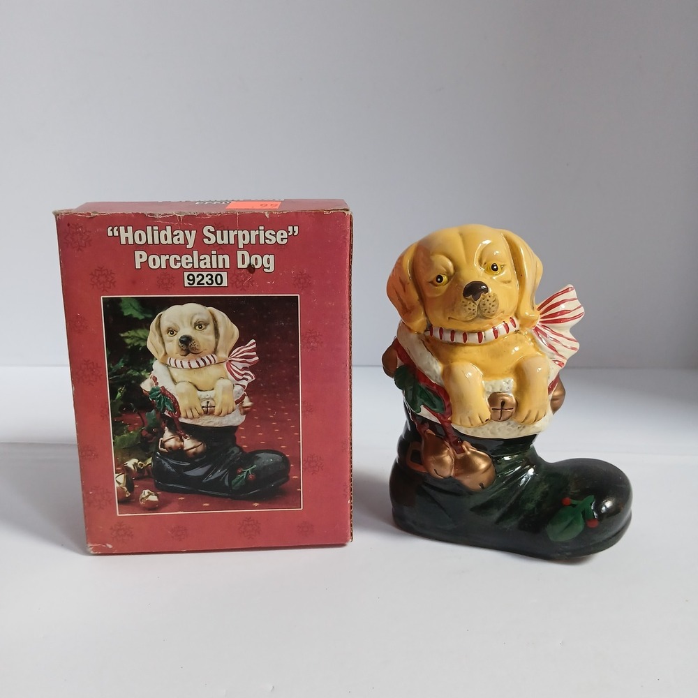 DSI 2005 Ceramic Puppy in Boot Figure 5" Christmas Holiday Surprise Ribbon Bells